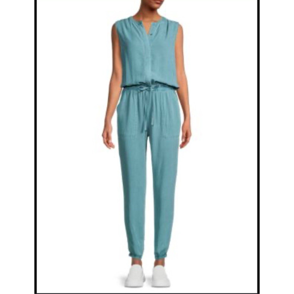 Splendid Chambray Jumpsuit L Medium green Indigo Drawstring Waist Pocket Tapered - Picture 1 of 11